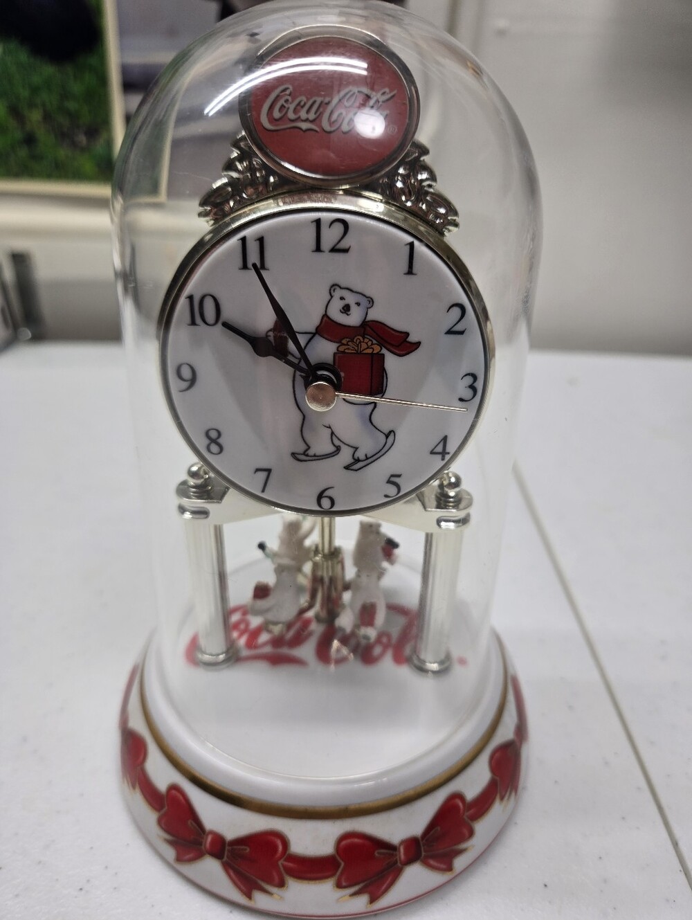Collectible 2002 Coca-Cola Coke Anniversary Pendulum Dome Clock WORKS 7.5”x5”
